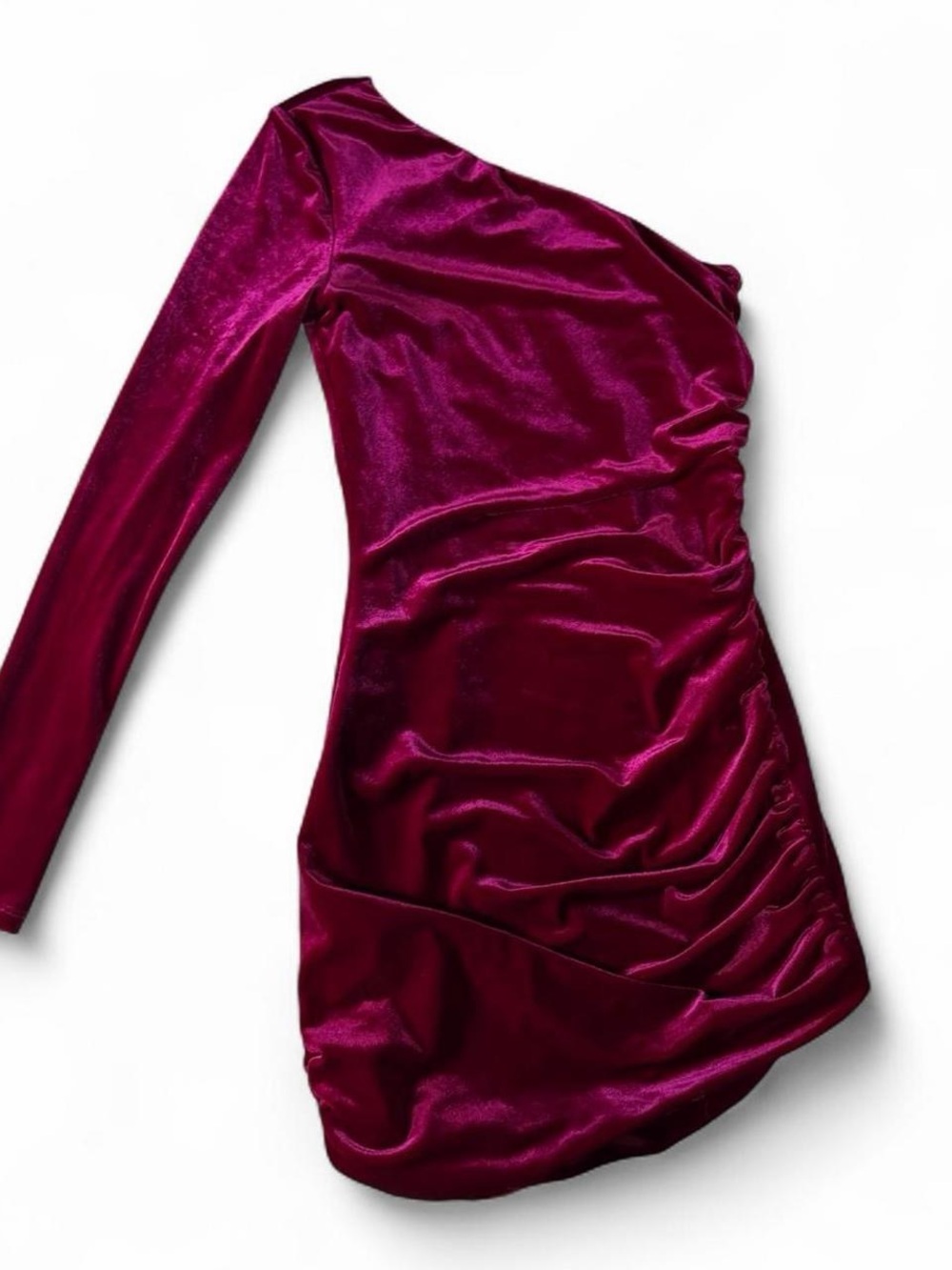 NBD One-Shoulder Ruched Velvet Mini Dress in Berry